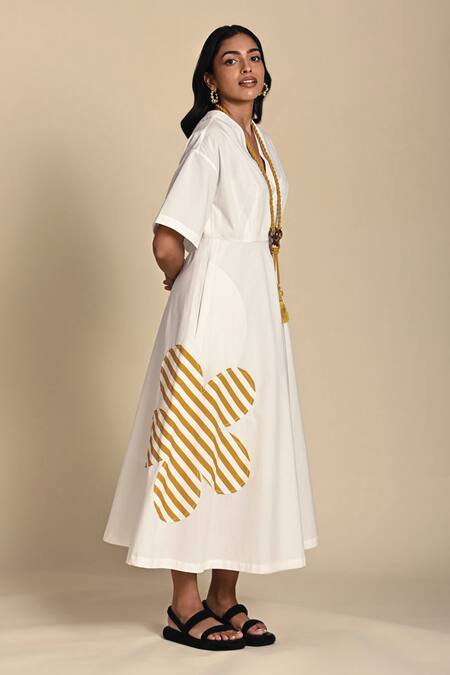 Kanelle_White Cotton Poplin Patch Striped Bloom V Neck Olivia Embroidered Midi Dress_at_Aza_Fashions
