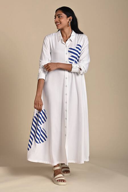 Kanelle_White Cotton Poplin Patch Striped Bloom Collar Neck Lillian Work Shirt Dress_Online_at_Aza_Fashions