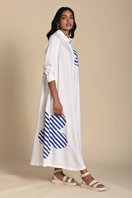 Buy_Kanelle_White Cotton Poplin Patch Striped Bloom Collar Neck Lillian Work Shirt Dress_Online_at_Aza_Fashions