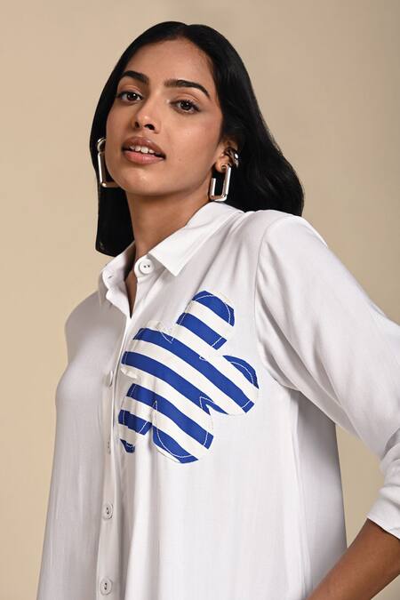 Shop_Kanelle_White Cotton Poplin Patch Striped Bloom Collar Neck Lillian Work Shirt Dress_Online_at_Aza_Fashions