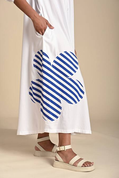 Kanelle_White Cotton Poplin Patch Striped Bloom Collar Neck Lillian Work Shirt Dress_at_Aza_Fashions