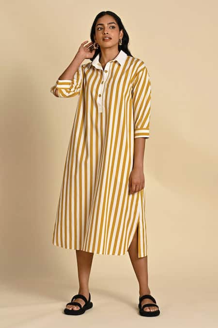 Kanelle_White Cotton Poplin Print Striped Collar Neck Wiona Dress With Belt_Online_at_Aza_Fashions