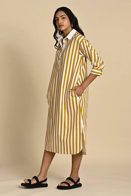 Buy_Kanelle_White Cotton Poplin Print Striped Collar Neck Wiona Dress With Belt_Online_at_Aza_Fashions