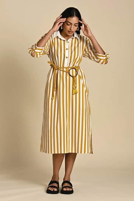 Shop_Kanelle_White Cotton Poplin Print Striped Collar Neck Wiona Dress With Belt_Online_at_Aza_Fashions