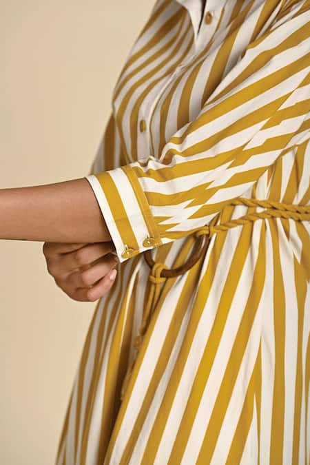 Kanelle_White Cotton Poplin Print Striped Collar Neck Wiona Dress With Belt_at_Aza_Fashions