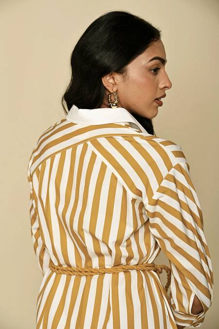 Buy_Kanelle_White Cotton Poplin Print Striped Collar Neck Wiona Dress With Belt