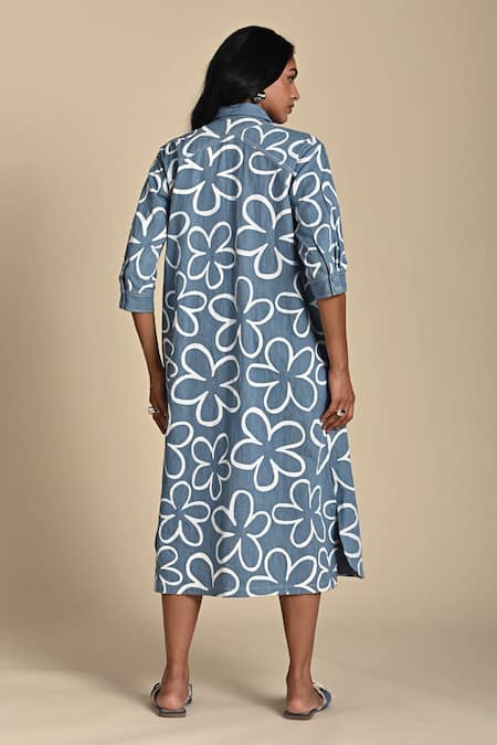 Shop Kanelle White Denim Print Petal Bloom Collar Neck Wiona Dress at Aza Fashions Shop_Kanelle_White Denim Print Petal Bloom Collar Neck Wiona Dress_at_Aza_Fashions