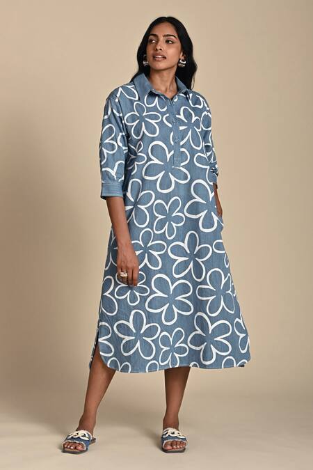 Kanelle White Denim Print Petal Bloom Collar Neck Wiona Dress Online at Aza Fashions Kanelle_White Denim Print Petal Bloom Collar Neck Wiona Dress_Online_at_Aza_Fashions