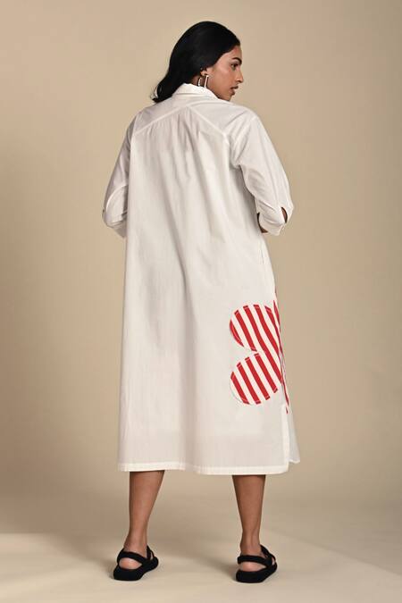 Shop Kanelle Red Cotton Poplin Patch Striped Bloom Collar Neck Wiona Flora Work Dress at Aza Fashions Shop_Kanelle_Red Cotton Poplin Patch Striped Bloom Collar Neck Wiona Flora Work Dress_at_Aza_Fashions