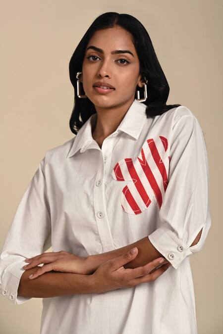 Shop Kanelle Red Cotton Poplin Patch Striped Bloom Collar Neck Wiona Flora Work Dress Online at Aza Fashions Shop_Kanelle_Red Cotton Poplin Patch Striped Bloom Collar Neck Wiona Flora Work Dress_Online_at_Aza_Fashions