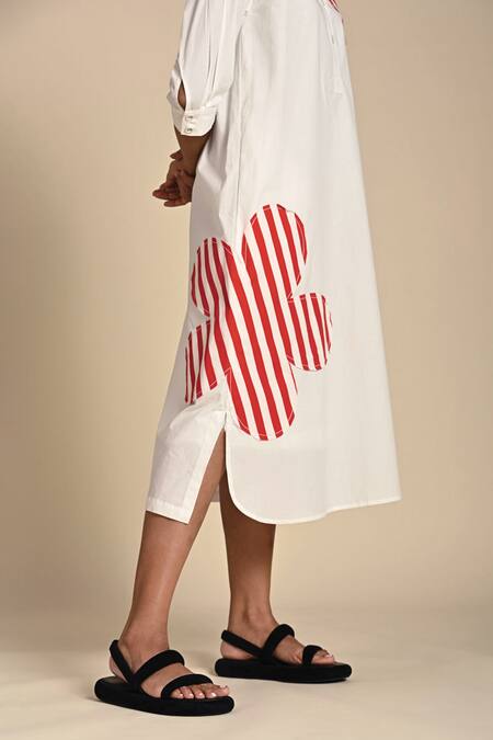 Kanelle Red Cotton Poplin Patch Striped Bloom Collar Neck Wiona Flora Work Dress at Aza Fashions Kanelle_Red Cotton Poplin Patch Striped Bloom Collar Neck Wiona Flora Work Dress_at_Aza_Fashions