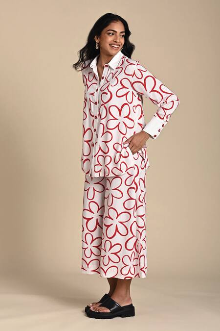 Kanelle Red Twill Print Floret Collar Neck Maya Shirt With Pant Online at Aza Fashions Kanelle_Red Twill Print Floret Collar Neck Maya Shirt With Pant_Online_at_Aza_Fashions