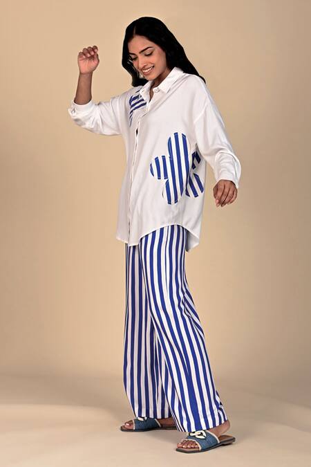 Kanelle_Blue Twill Patch Striped Flora Collar Abigail Embroidered Shirt With Pant_Online_at_Aza_Fashions