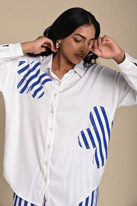 Shop_Kanelle_Blue Twill Patch Striped Flora Collar Abigail Embroidered Shirt With Pant_Online_at_Aza_Fashions