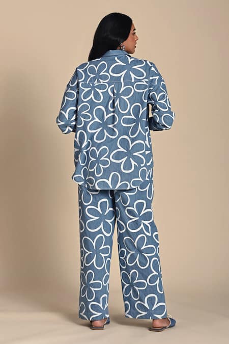 Shop Kanelle Blue Denim Print Iris Fleur Collar Neck Abaigail Shirt With Pant at Aza Fashions Shop_Kanelle_Blue Denim Print Iris Fleur Collar Neck Abaigail Shirt With Pant_at_Aza_Fashions