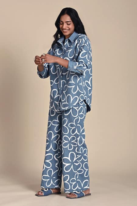 Buy Kanelle Blue Denim Print Iris Fleur Collar Neck Abaigail Shirt With Pant Online at Aza Fashions Buy_Kanelle_Blue Denim Print Iris Fleur Collar Neck Abaigail Shirt With Pant_Online_at_Aza_Fashions