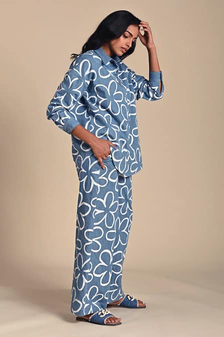 Shop Kanelle Blue Denim Print Iris Fleur Collar Neck Abaigail Shirt With Pant Online at Aza Fashions Shop_Kanelle_Blue Denim Print Iris Fleur Collar Neck Abaigail Shirt With Pant_Online_at_Aza_Fashions