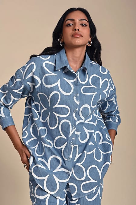 Kanelle Blue Denim Print Iris Fleur Collar Neck Abaigail Shirt With Pant at Aza Fashions Kanelle_Blue Denim Print Iris Fleur Collar Neck Abaigail Shirt With Pant_at_Aza_Fashions