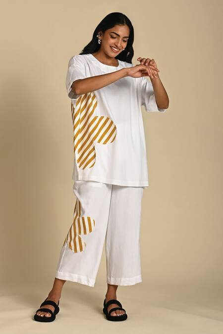 Kanelle_Yellow Twill Patch Striped Flora Round Neck Freya Work Top With Pant_Online_at_Aza_Fashions