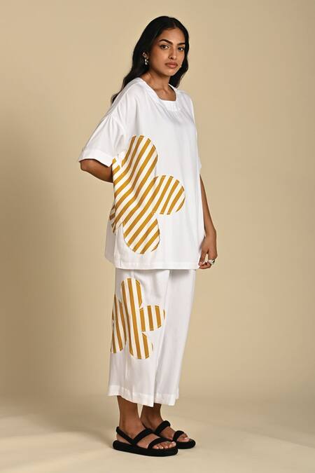 Buy_Kanelle_Yellow Twill Patch Striped Flora Round Neck Freya Work Top With Pant_Online_at_Aza_Fashions