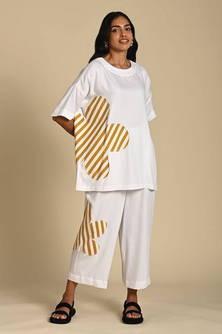 Shop_Kanelle_Yellow Twill Patch Striped Flora Round Neck Freya Work Top With Pant_Online_at_Aza_Fashions