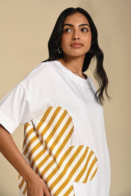 Kanelle_Yellow Twill Patch Striped Flora Round Neck Freya Work Top With Pant_at_Aza_Fashions