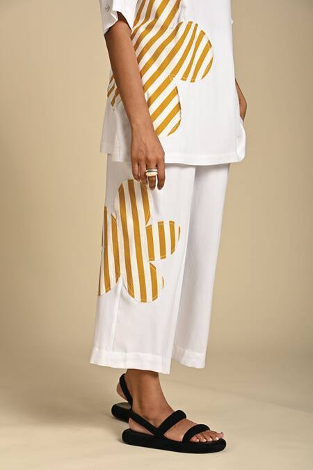 Buy_Kanelle_Yellow Twill Patch Striped Flora Round Neck Freya Work Top With Pant