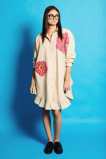 Cin Cin Beige Poplin Embroidered Applique Collar Flower Shirt Dress Online at Aza Fashions Cin Cin_Beige Poplin Embroidered Applique Collar Flower Shirt Dress _Online_at_Aza_Fashions