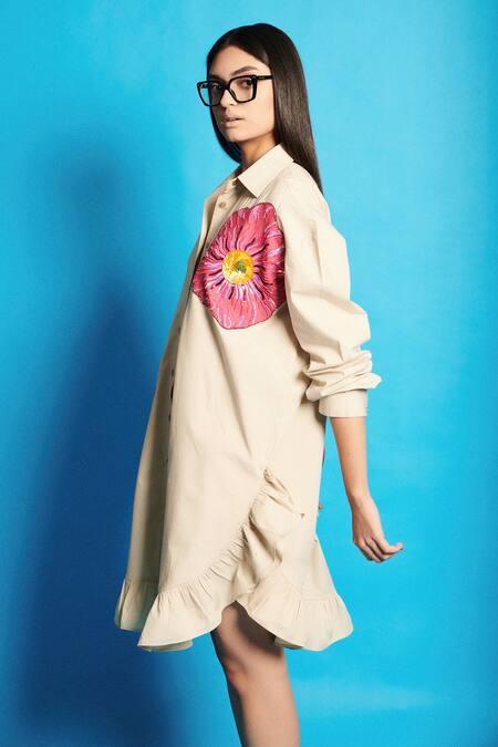 Buy Cin Cin Beige Poplin Embroidered Applique Collar Flower Shirt Dress Online at Aza Fashions Buy_Cin Cin_Beige Poplin Embroidered Applique Collar Flower Shirt Dress _Online_at_Aza_Fashions