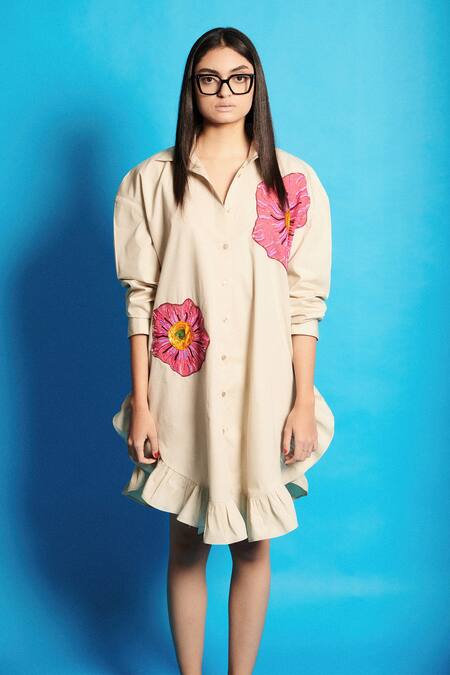 Cin Cin Beige Poplin Embroidered Applique Collar Flower Shirt Dress at Aza Fashions Cin Cin_Beige Poplin Embroidered Applique Collar Flower Shirt Dress _at_Aza_Fashions