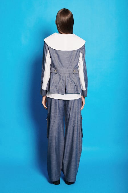 Shop Cin Cin Blue Poplin Solid Sailor Collar Chambray Shirt With Cargo at Aza Fashions Shop_Cin Cin_Blue Poplin Solid Sailor Collar Chambray Shirt With Cargo _at_Aza_Fashions