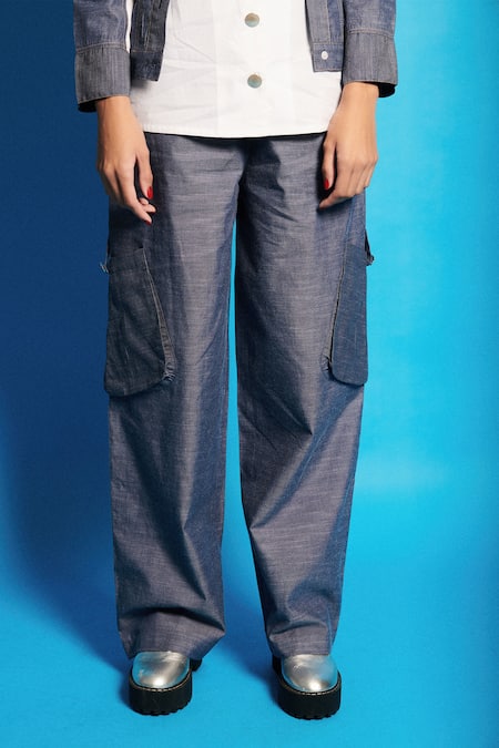 Cin Cin Blue Poplin Solid Sailor Collar Chambray Shirt With Cargo at Aza Fashions Cin Cin_Blue Poplin Solid Sailor Collar Chambray Shirt With Cargo _at_Aza_Fashions