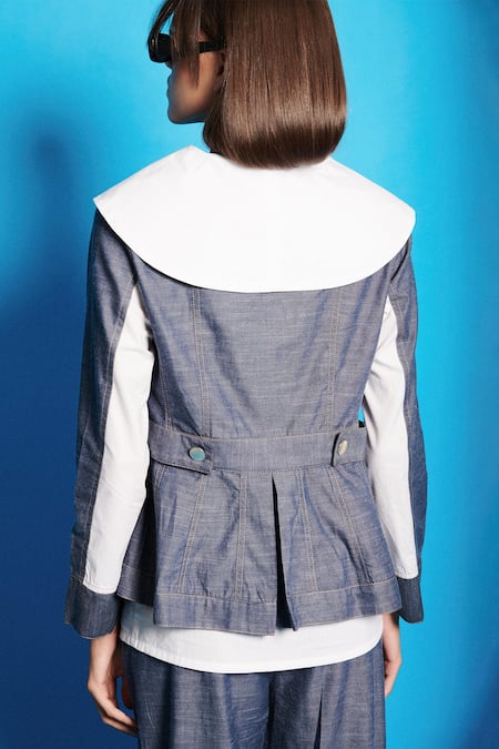 Shop Cin Cin Blue Poplin Solid Sailor Collar Chambray Shirt at Aza Fashions Shop_Cin Cin_Blue Poplin Solid Sailor Collar Chambray Shirt _at_Aza_Fashions