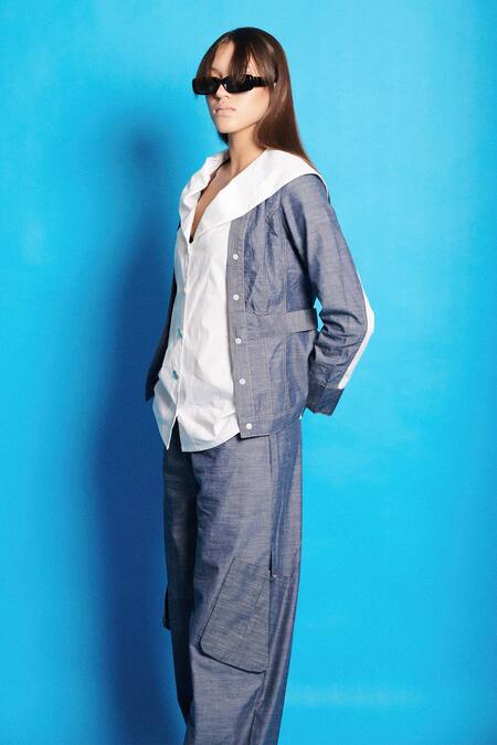 Cin Cin Blue Poplin Solid Sailor Collar Chambray Shirt Online at Aza Fashions Cin Cin_Blue Poplin Solid Sailor Collar Chambray Shirt _Online_at_Aza_Fashions