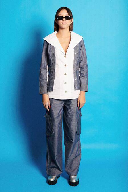 Cin Cin Blue Poplin Solid Sailor Collar Chambray Shirt at Aza Fashions Cin Cin_Blue Poplin Solid Sailor Collar Chambray Shirt _at_Aza_Fashions