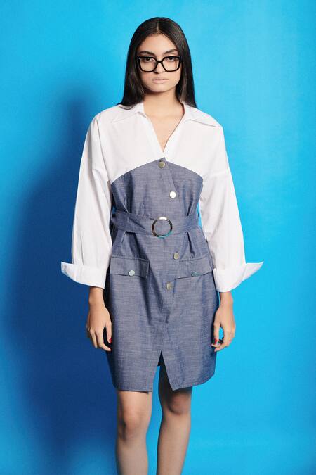 Cin Cin Blue Poplin Solid Collar Chambray Wrap On Dress Online at Aza Fashions Cin Cin_Blue Poplin Solid Collar Chambray Wrap On Dress _Online_at_Aza_Fashions