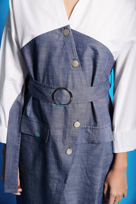 Shop Cin Cin Blue Poplin Solid Collar Chambray Wrap On Dress Online at Aza Fashions Shop_Cin Cin_Blue Poplin Solid Collar Chambray Wrap On Dress _Online_at_Aza_Fashions