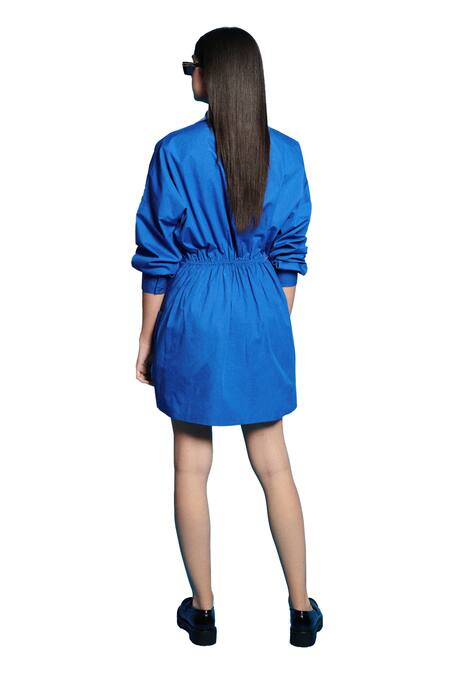 Cin Cin Blue Poplin Sequins, Beads Collared Ruched Asymmetric Shirt Dress Online at Aza Fashions Cin Cin_Blue Poplin Sequins, Beads Collared Ruched Asymmetric Shirt Dress _Online_at_Aza_Fashions
