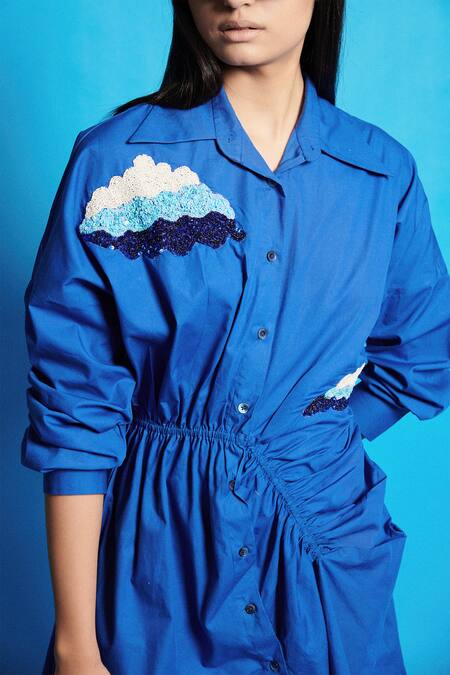 Shop Cin Cin Blue Poplin Sequins, Beads Collared Ruched Asymmetric Shirt Dress Shop_Cin Cin_Blue Poplin Sequins, Beads Collared Ruched Asymmetric Shirt Dress