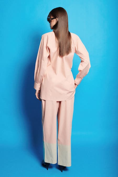 Shop Cin Cin Pink Poplin Solid Collar Shirt Pant Set With Attached Crop Top at Aza Fashions Shop_Cin Cin_Pink Poplin Solid Collar Shirt Pant Set With Attached Crop Top _at_Aza_Fashions