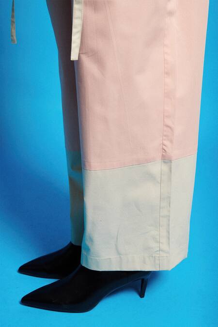 Cin Cin Pink Poplin Solid Collar Shirt Pant Set With Attached Crop Top at Aza Fashions Cin Cin_Pink Poplin Solid Collar Shirt Pant Set With Attached Crop Top _at_Aza_Fashions