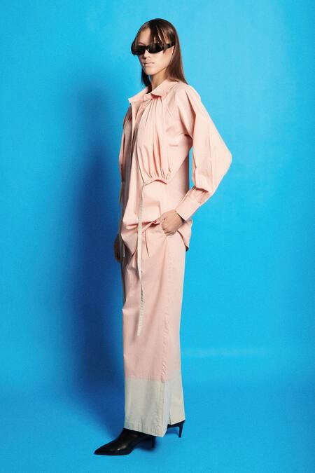 Cin Cin Pink Poplin Solid Collar Shirt With Attached Crop Top Online at Aza Fashions Cin Cin_Pink Poplin Solid Collar Shirt With Attached Crop Top _Online_at_Aza_Fashions