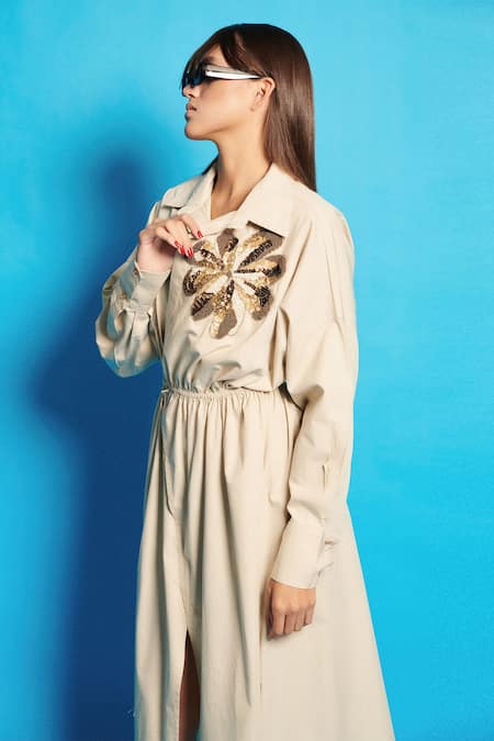 Cin Cin Beige Poplin Embroidered Sequin Collar Wrap On Dress Online at Aza Fashions Cin Cin_Beige Poplin Embroidered Sequin Collar Wrap On Dress _Online_at_Aza_Fashions
