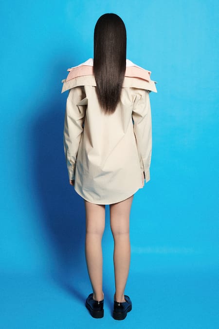Shop Cin Cin Beige Poplin Solid Collar Layered Shirt With Pleated Short at Aza Fashions Shop_Cin Cin_Beige Poplin Solid Collar Layered Shirt With Pleated Short _at_Aza_Fashions