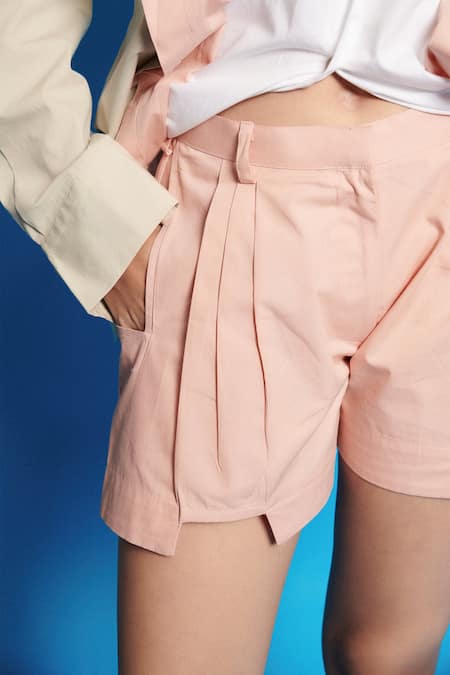 Cin Cin Beige Poplin Solid Collar Layered Shirt With Pleated Short Online at Aza Fashions Cin Cin_Beige Poplin Solid Collar Layered Shirt With Pleated Short _Online_at_Aza_Fashions