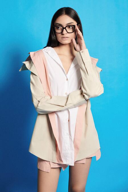 Buy Cin Cin Beige Poplin Solid Collar Layered Shirt With Pleated Short Online at Aza Fashions Buy_Cin Cin_Beige Poplin Solid Collar Layered Shirt With Pleated Short _Online_at_Aza_Fashions