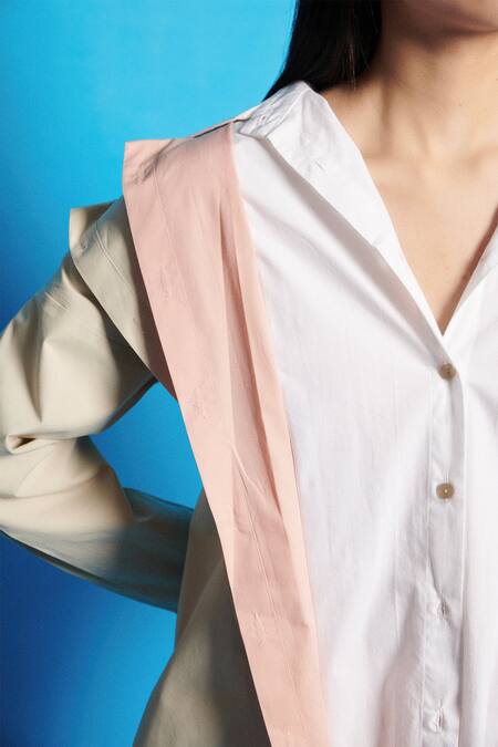 Shop Cin Cin Beige Poplin Solid Collar Layered Shirt With Pleated Short Online at Aza Fashions Shop_Cin Cin_Beige Poplin Solid Collar Layered Shirt With Pleated Short _Online_at_Aza_Fashions