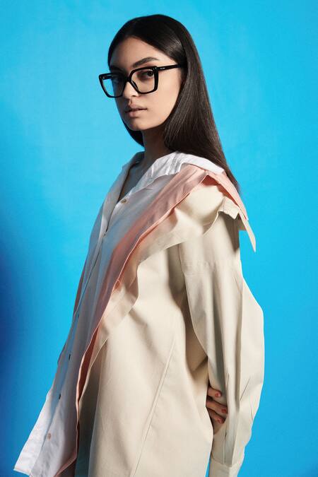 Cin Cin Beige Poplin Solid Collar Layered Shirt With Pleated Short at Aza Fashions Cin Cin_Beige Poplin Solid Collar Layered Shirt With Pleated Short _at_Aza_Fashions