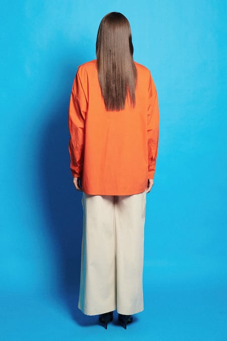 Shop Cin Cin Orange Poplin Colour Blocking Collar Shirt With Pant at Aza Fashions Shop_Cin Cin_Orange Poplin Colour Blocking Collar Shirt With Pant _at_Aza_Fashions