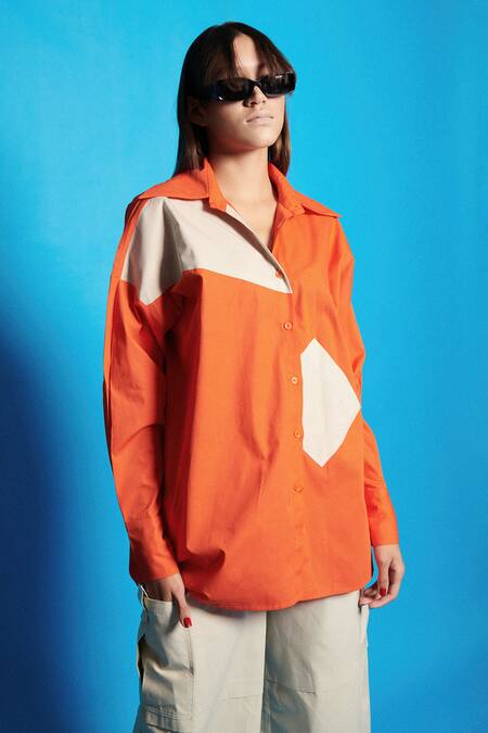 Shop Cin Cin Orange Poplin Colour Blocking Collar Shirt With Pant Online at Aza Fashions Shop_Cin Cin_Orange Poplin Colour Blocking Collar Shirt With Pant _Online_at_Aza_Fashions